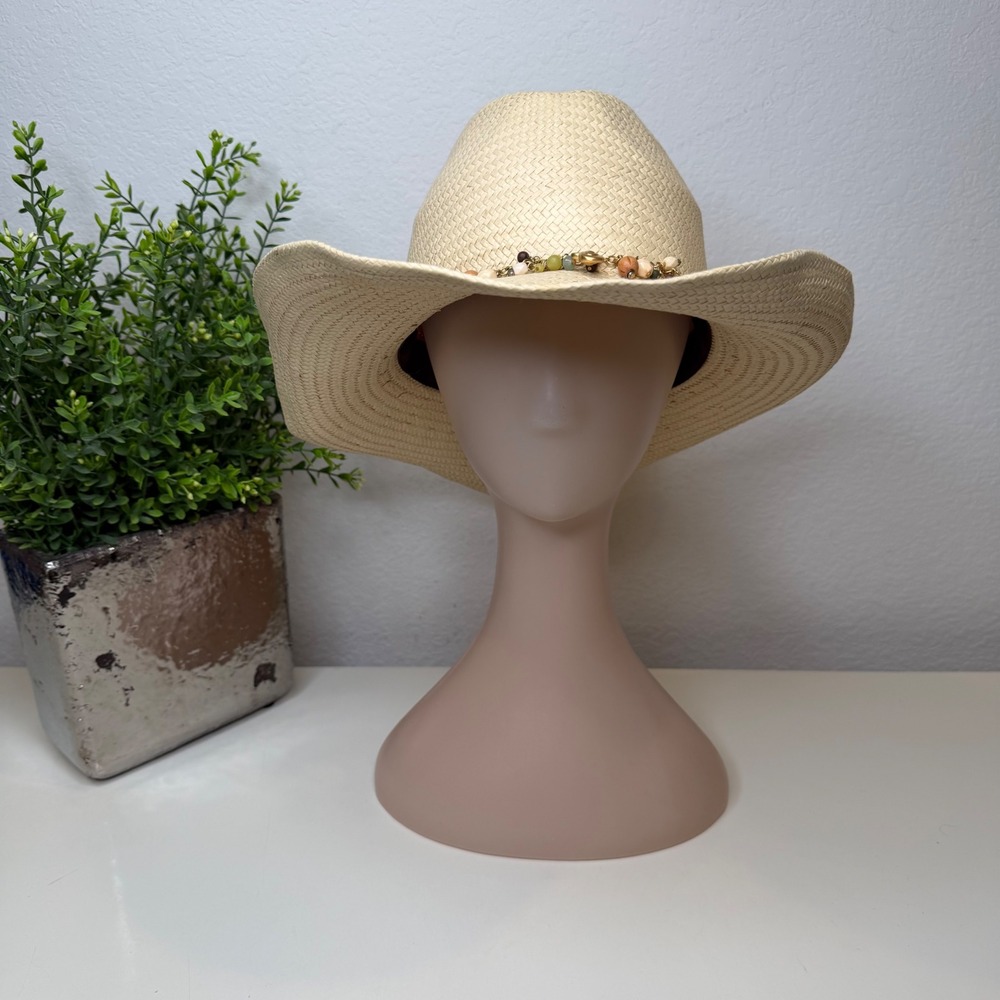 J.Crew Straw Cowboy Hat Womens Beige Beaded Charm Coastal Western OS